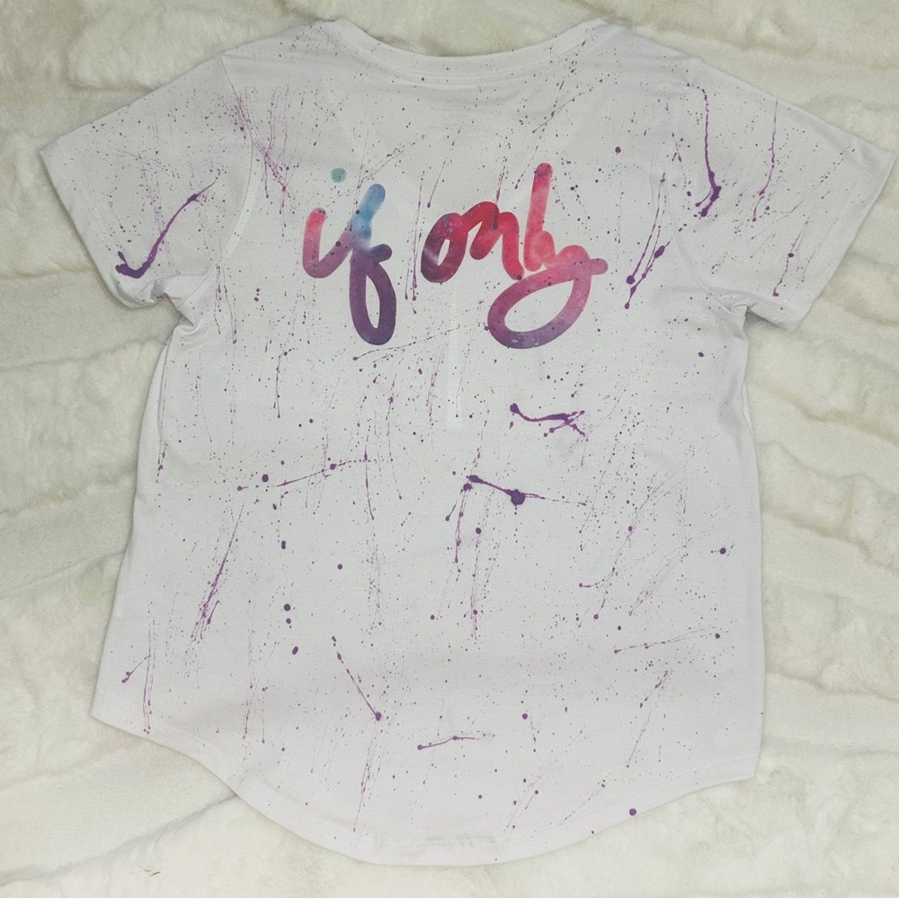 IF ONLY Purple Paint Splattered V Neck White Shirt